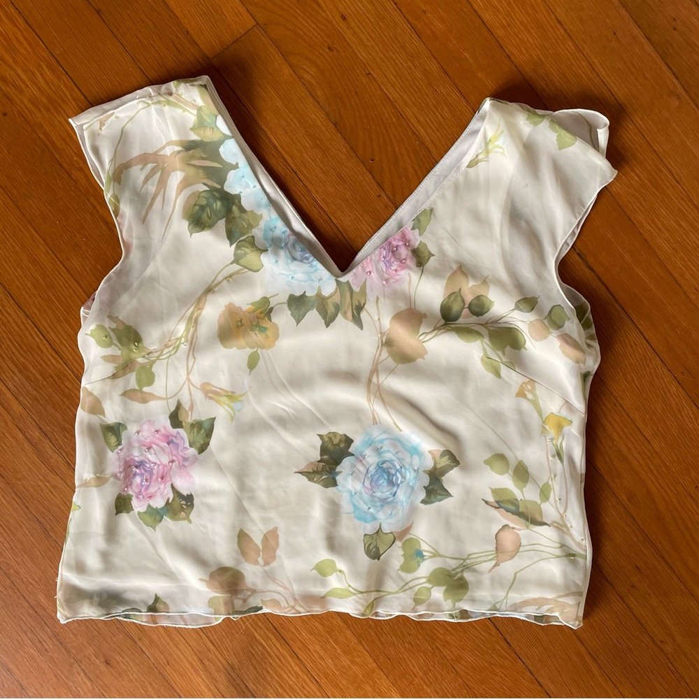 Vintage 90s Cottagecore Cream Floral Embroidered Off Shoulder Top - Picture 2 of 5